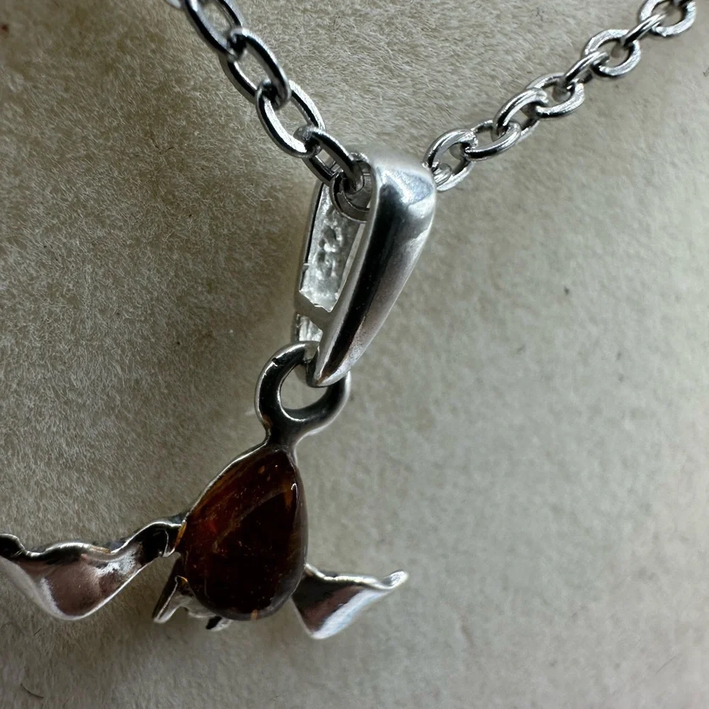 Silver and Amber Bat Pendant on Stainless Steel Chain